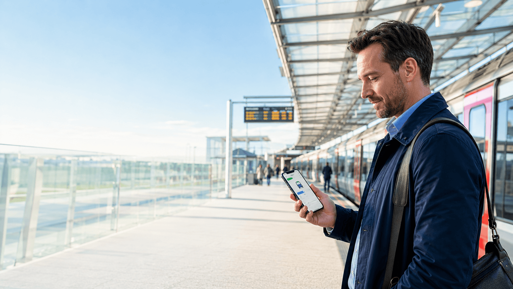 Commuter checking a delay notification on a bright morning railway platform